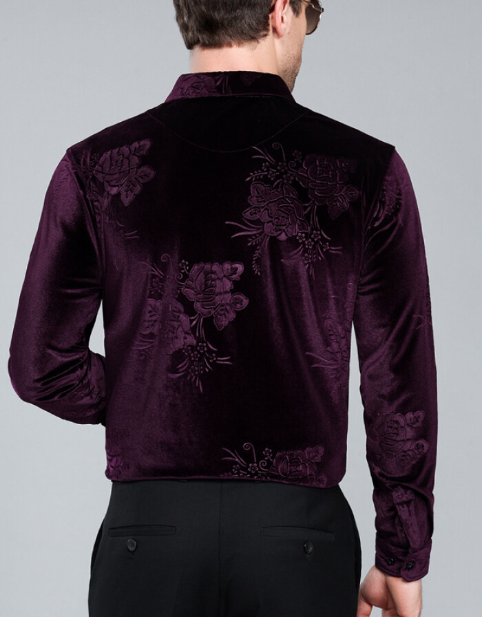 蓓嘉爾金絲絨長(zhǎng)袖襯衫男2018新款春秋季中老年男士襯衣免燙印花商務(wù)休閑款 上青 2XL/180碼